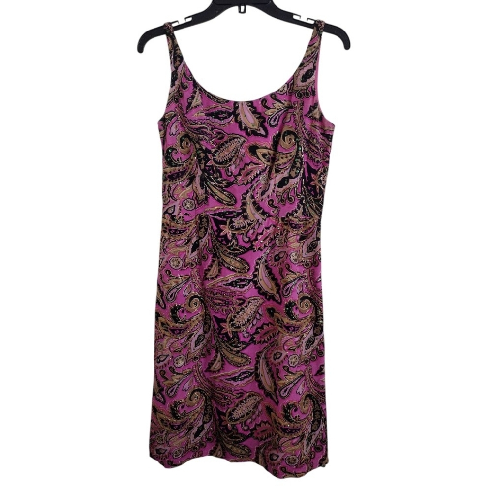 Anna Sui Vintage Pink Paisley Sleeveless Sequined Dress Spaghetti Straps Size 4